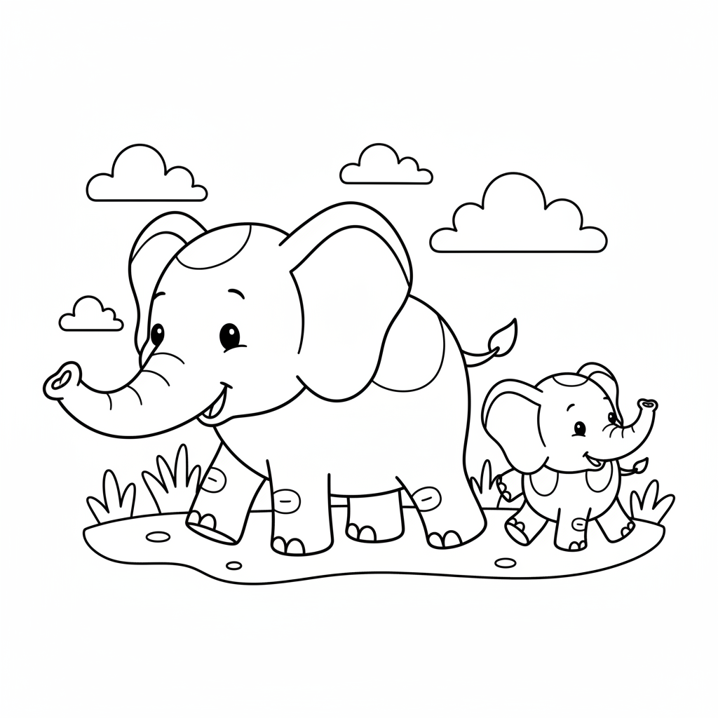 Baby-Elefant läuft mit Mutter Ausmalbild