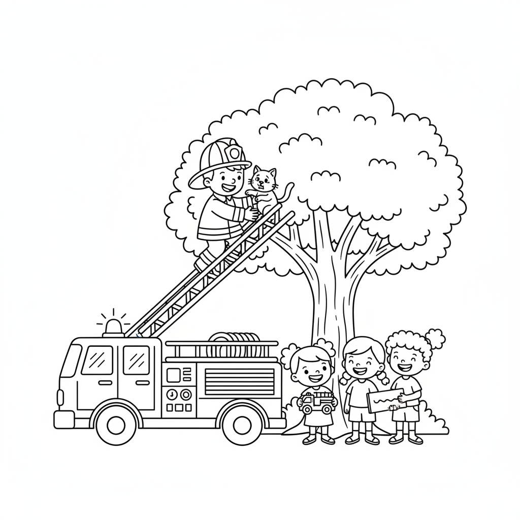 Feuerwehrmann rettet Katze vom Baum Ausmalbild