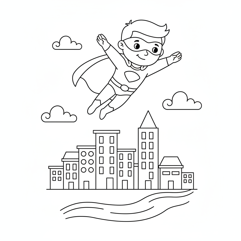 Superheld fliegt ueber Stadt Ausmalbild