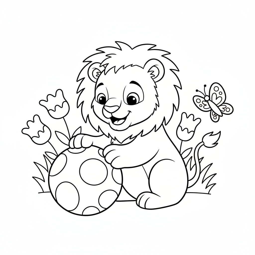 Cute Lion Cub Playing Coloring Page