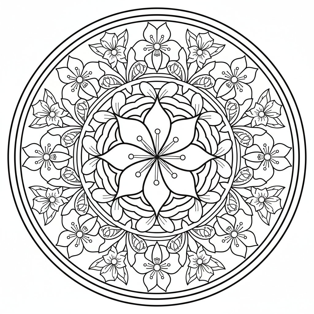 Kirschblüten-Mandala Frühling Ausmalbild