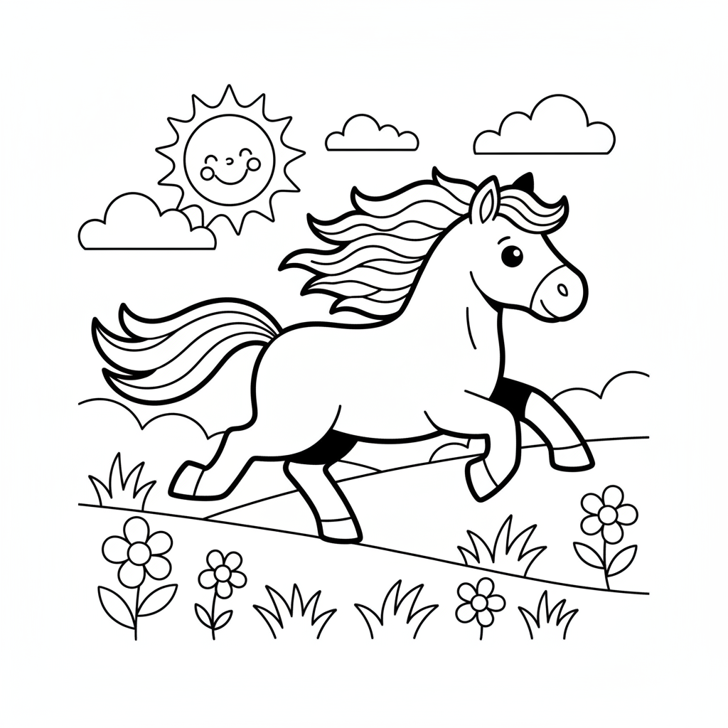 Pferd galoppiert auf der Wiese Ausmalbild