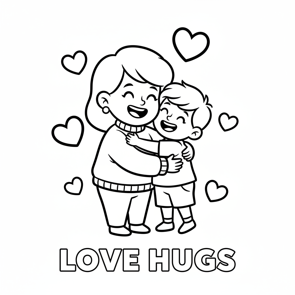 Mama und Kind umarmen sich mit Herzen Ausmalbild