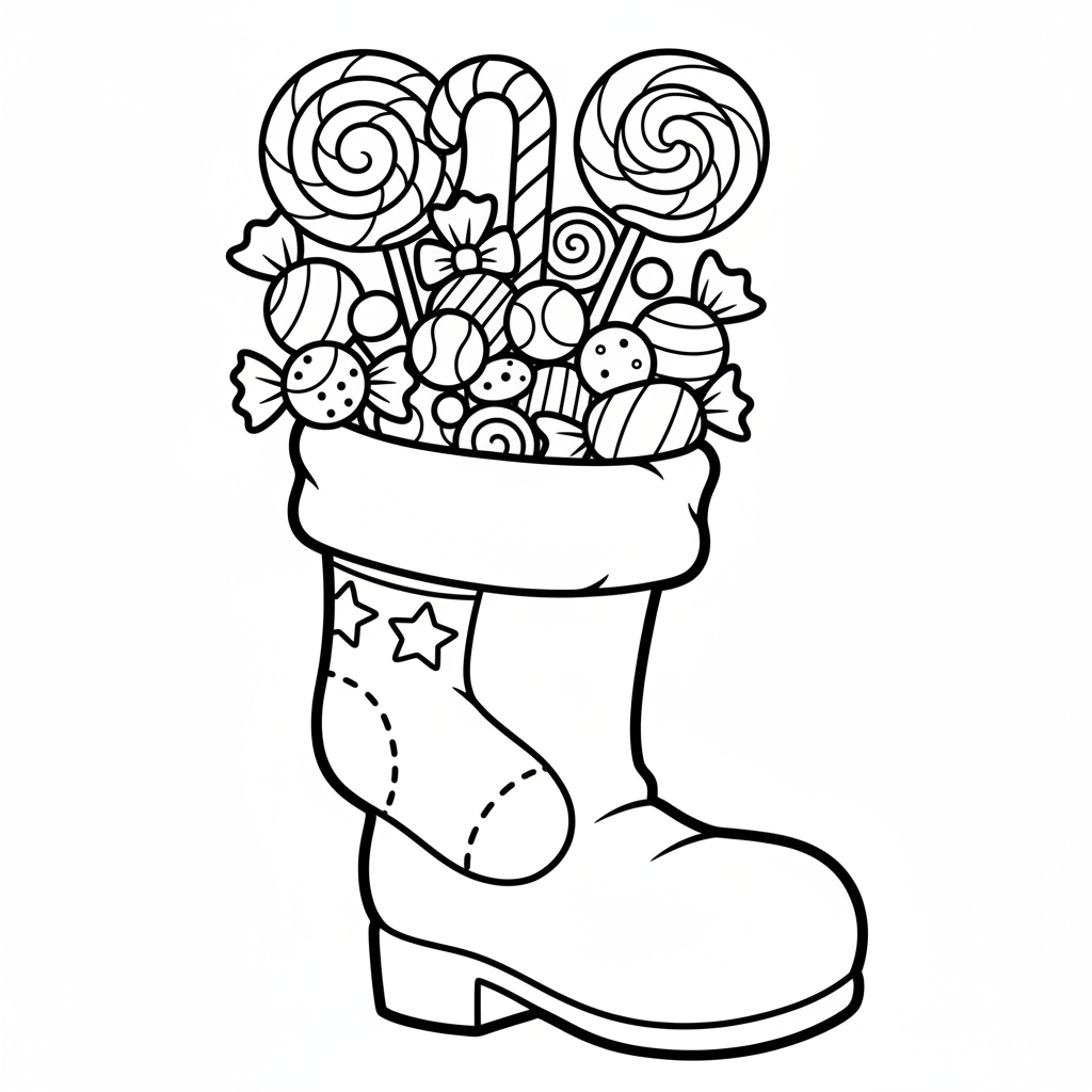 Nikolausstiefel gefüllt mit Süßigkeiten Ausmalbild