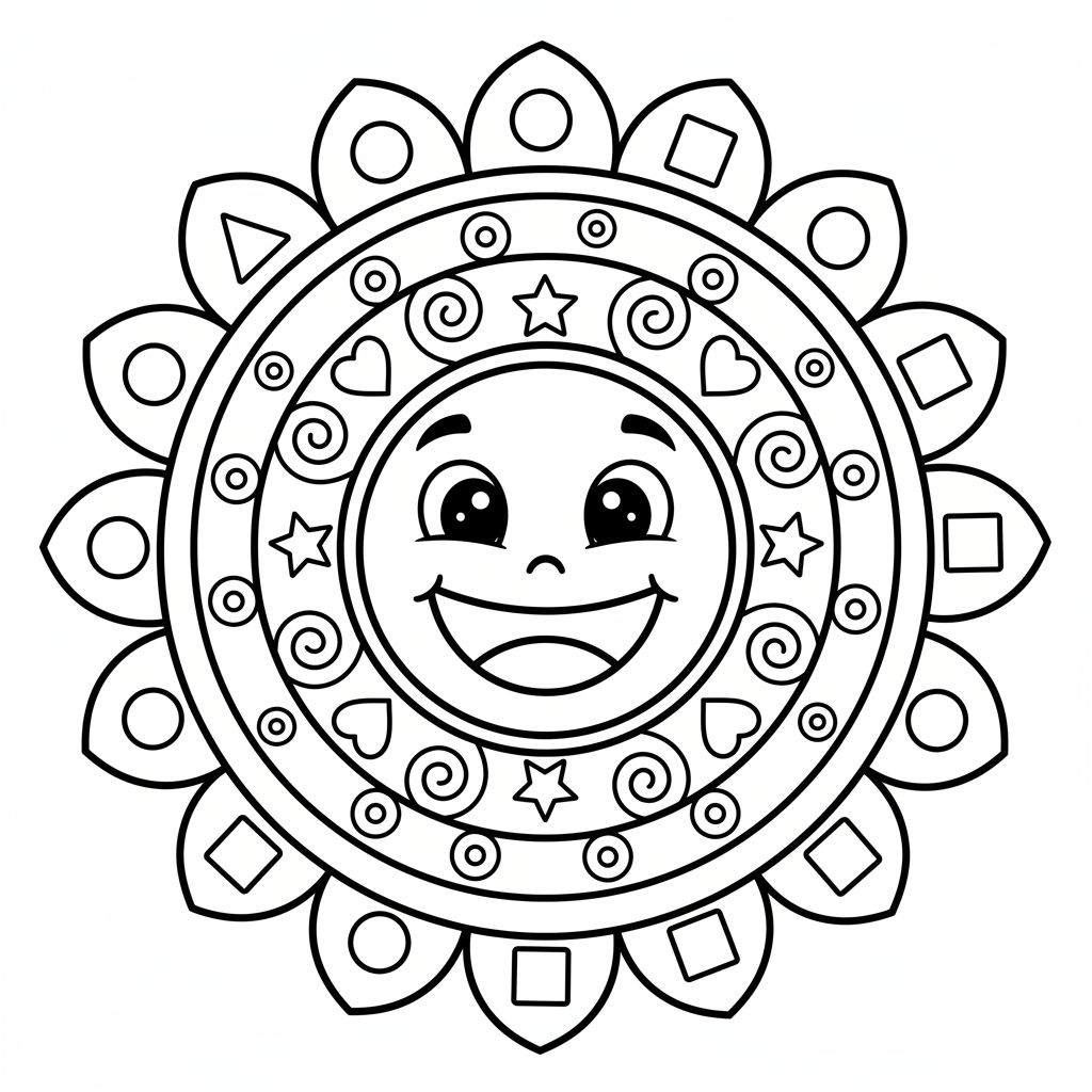 Fröhliches Smiley-Mandala für Kinder Ausmalbild