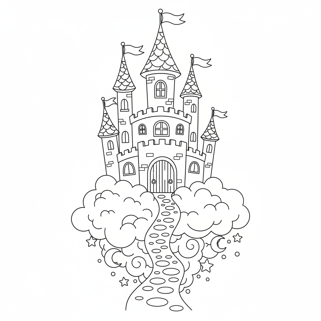 Magisches Schloss in Wolken Ausmalbild