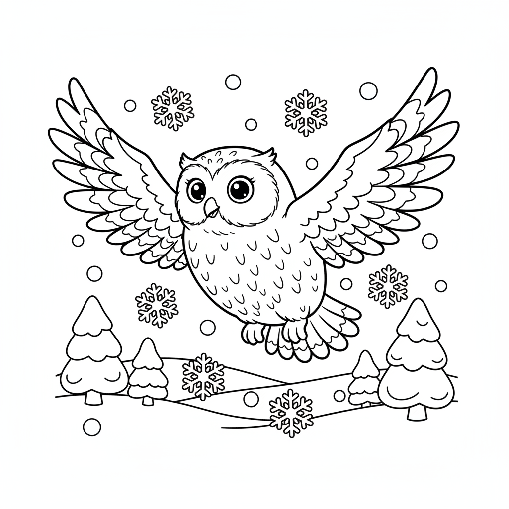 Snowy Owl Flying in Winter Coloring Page