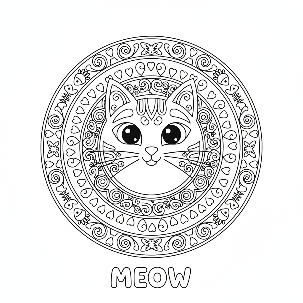 Katzengesicht-Mandala mit Mustern Ausmalbild