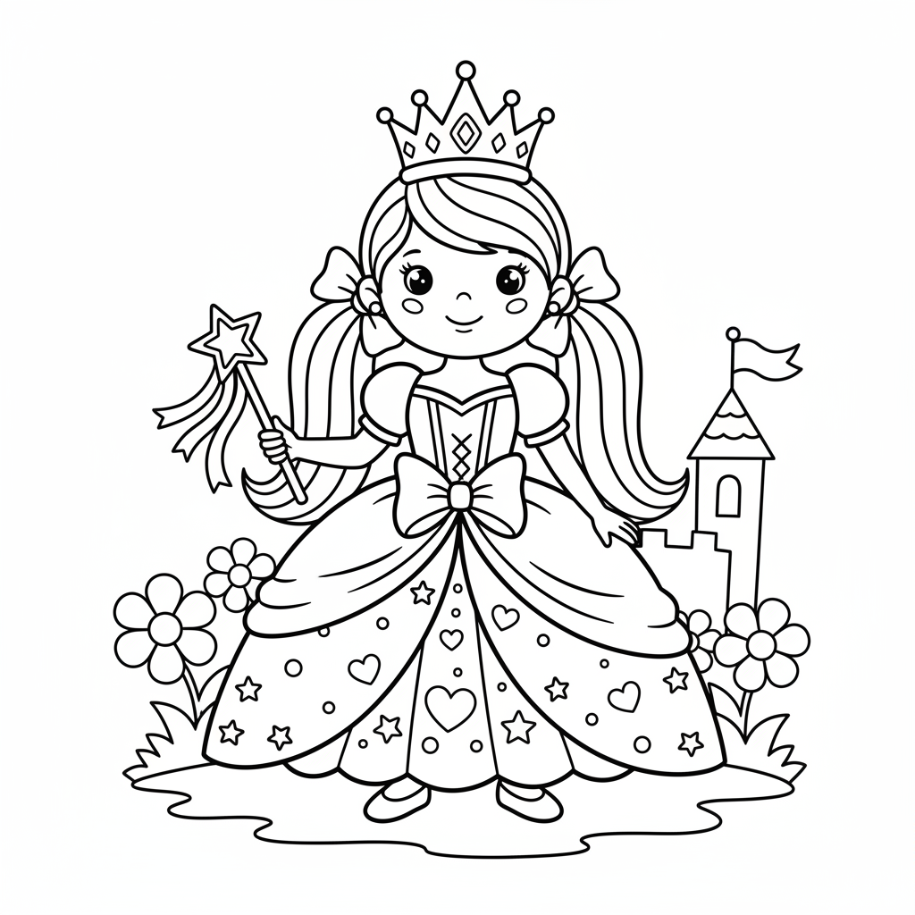 Prinzessin mit Krone und Zauberstab Ausmalbild