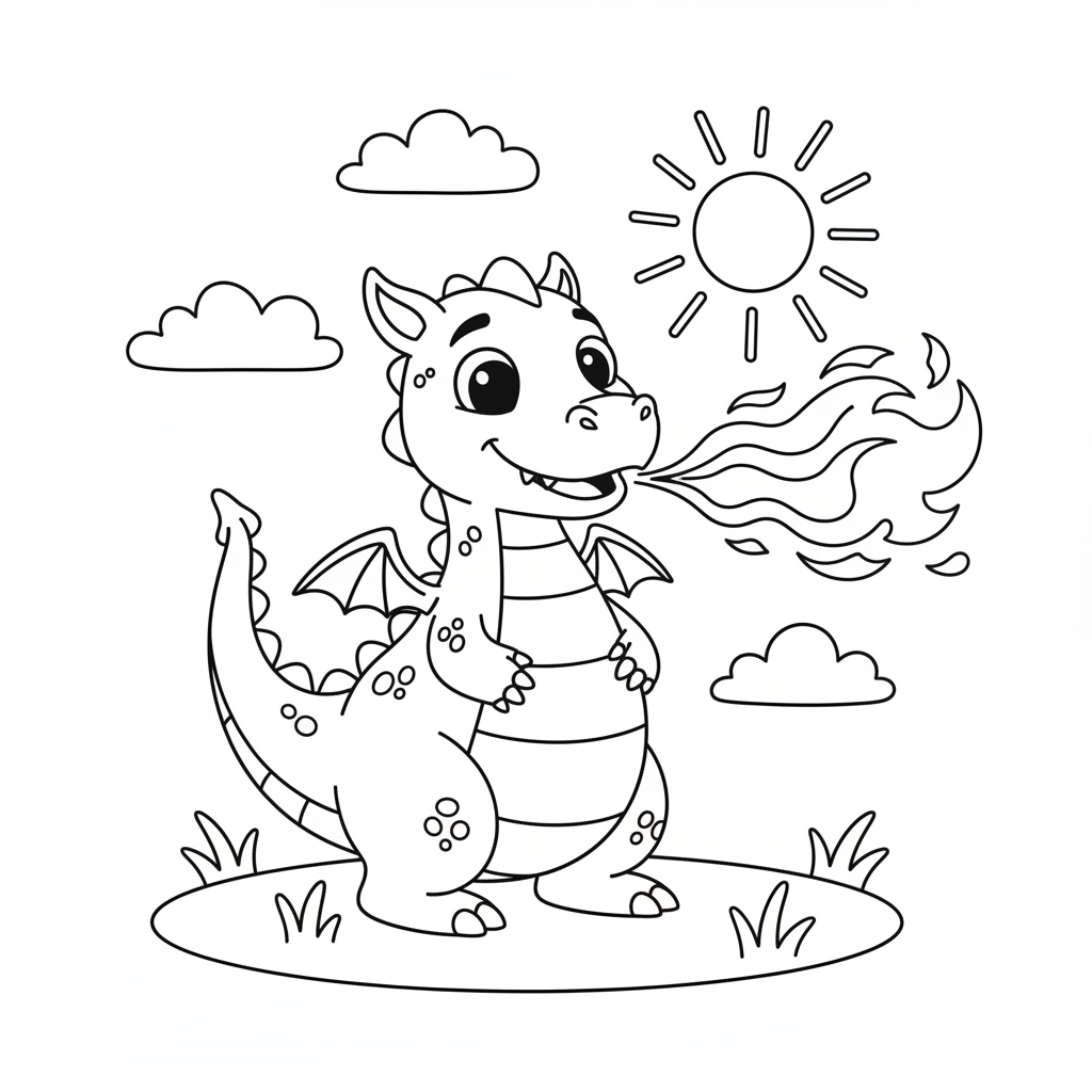 Freundlicher feuerspeiender Drache Ausmalbild