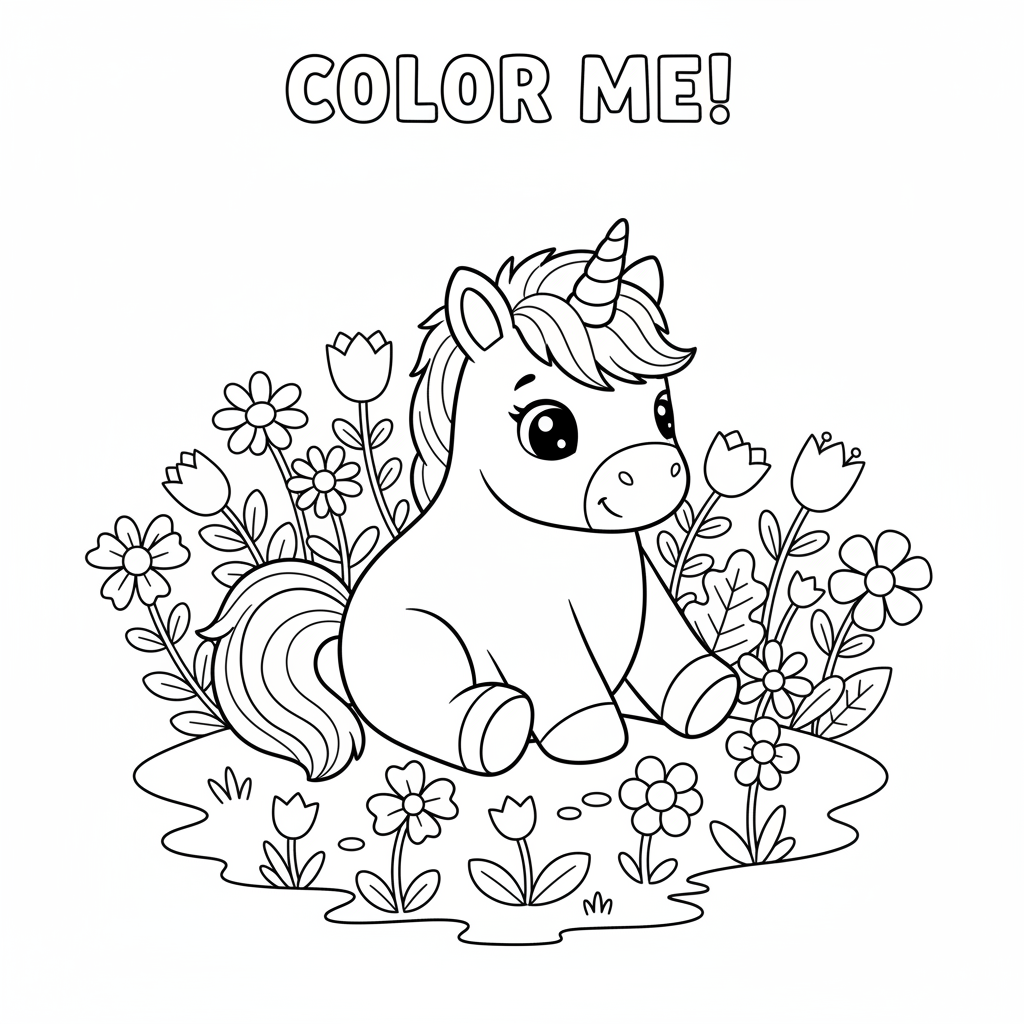 Baby Einhorn auf Blumenwiese Ausmalbild