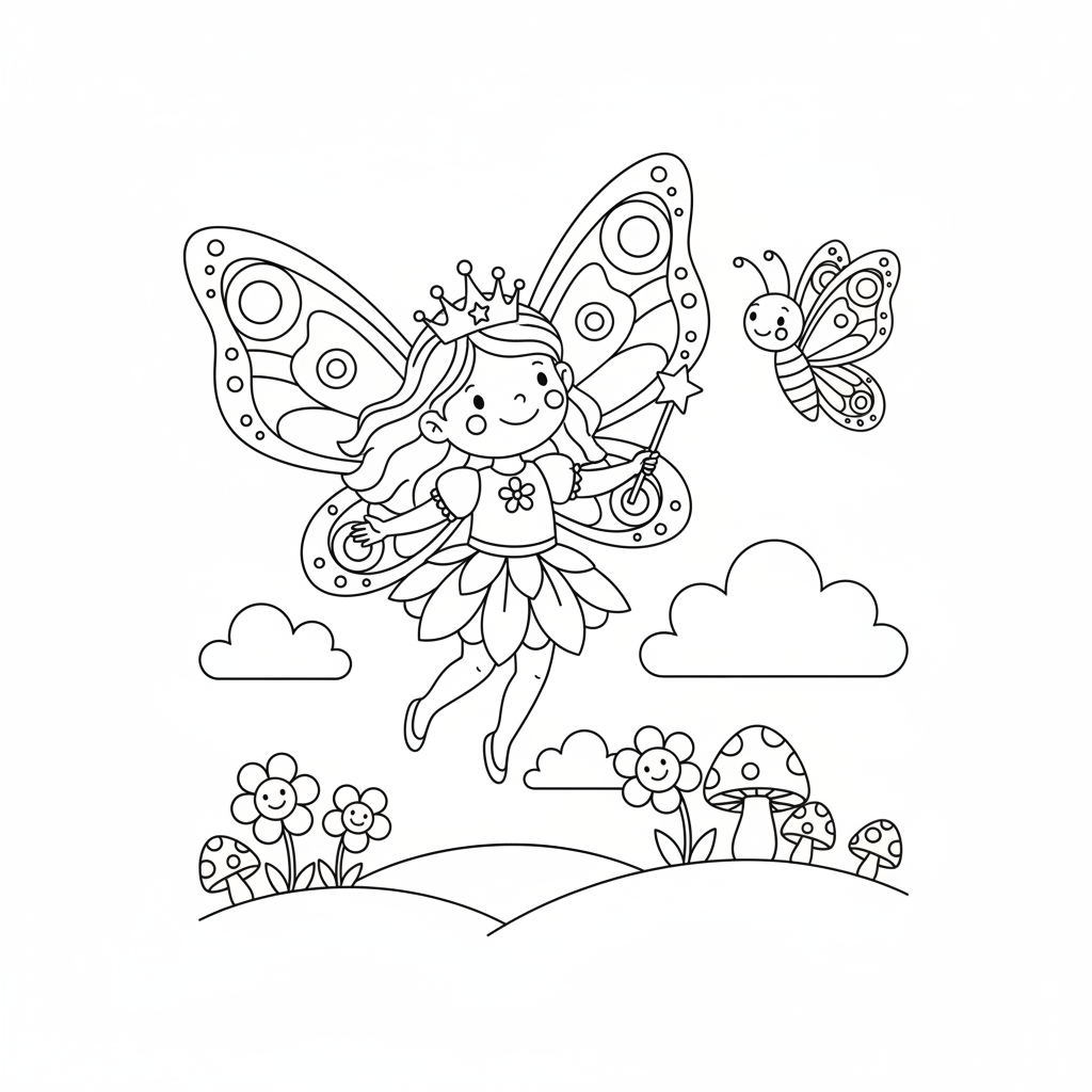 Fliegende Fee mit Schmetterlingsflügeln Ausmalbild