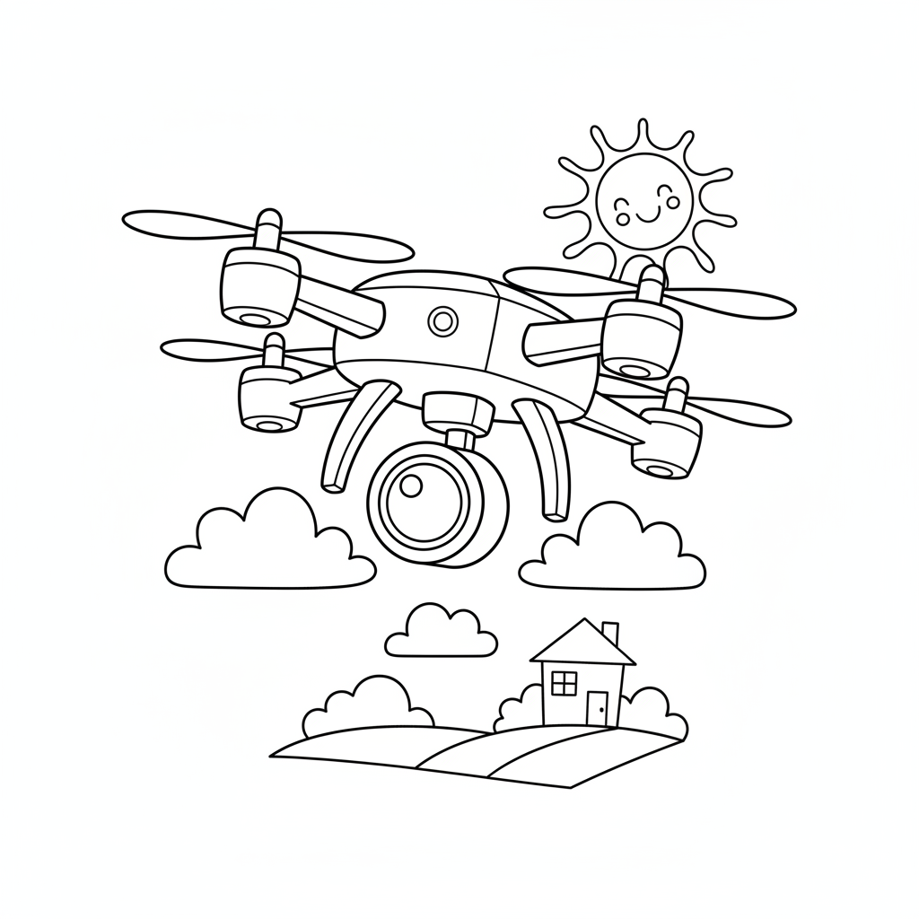 Drohne fliegt mit Kamera Ausmalbild
