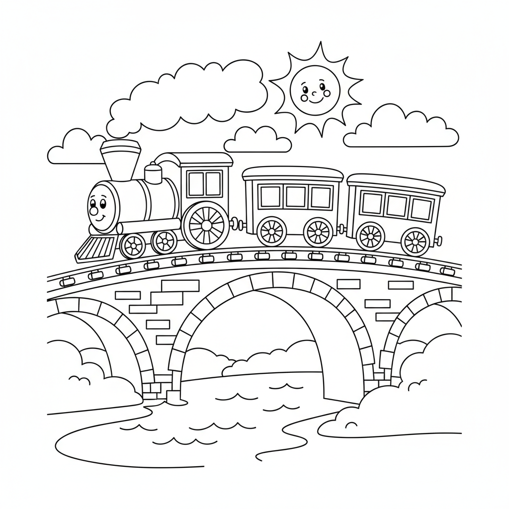 Zug auf Bruecke Ausmalbild