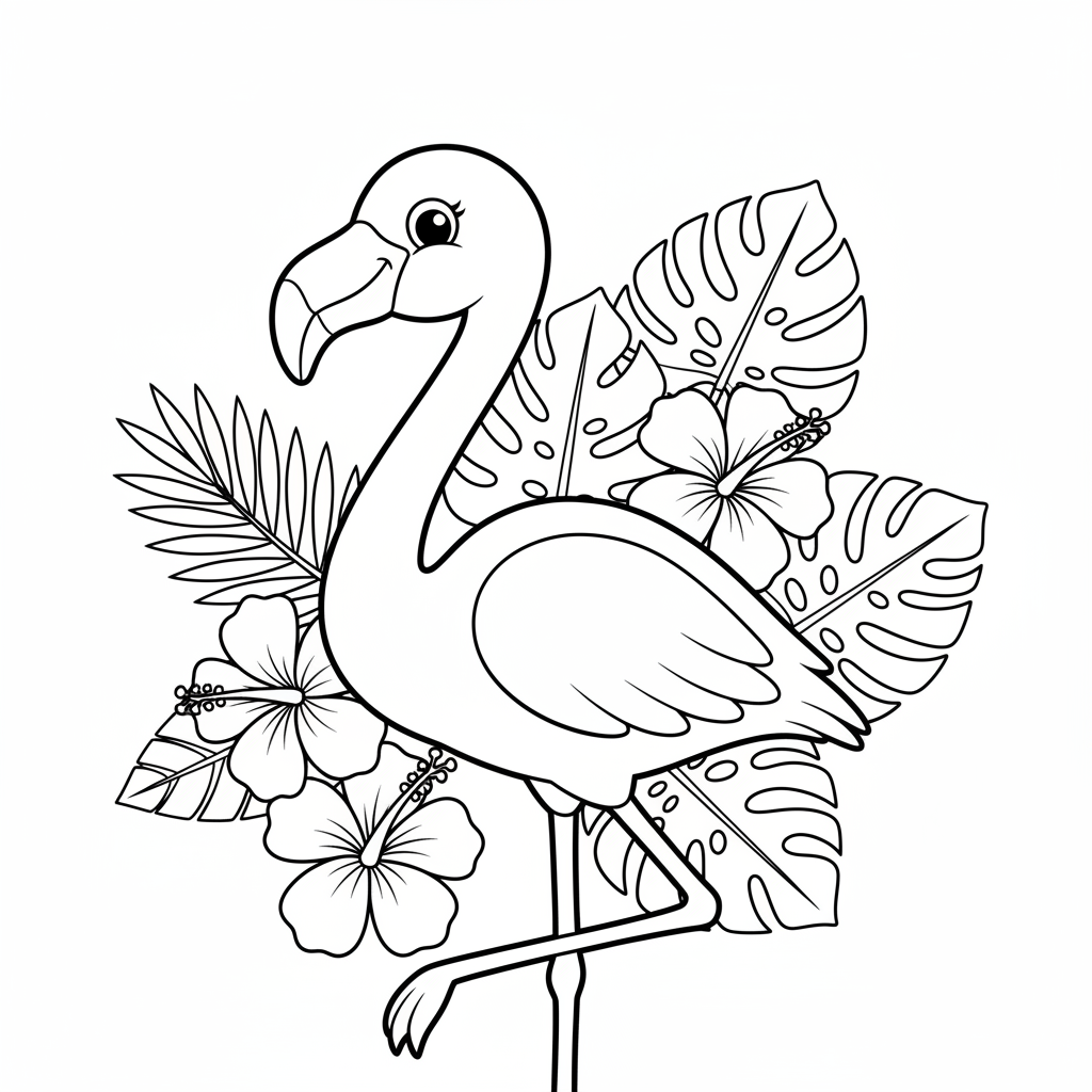 Flamingo with Tropical Flowers Coloring Page