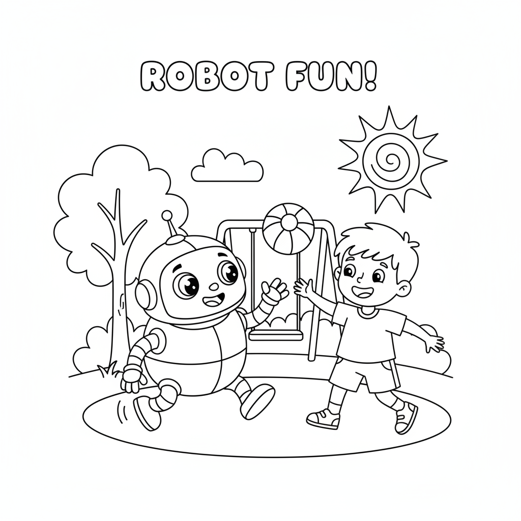 Roboter und Kind spielen Ausmalbild
