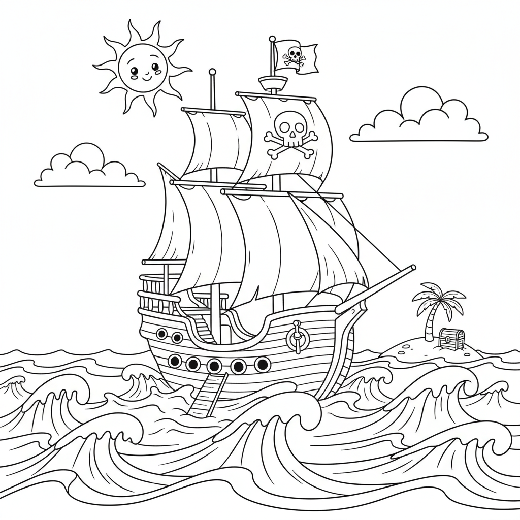 Piratenschiff auf dem Meer Ausmalbild
