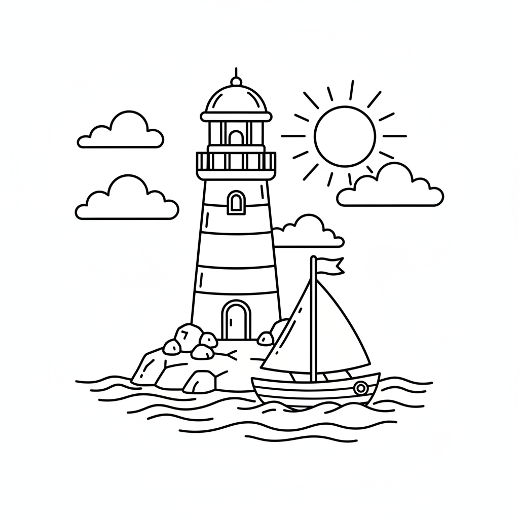 Leuchtturm und Boot am Meer Ausmalbild