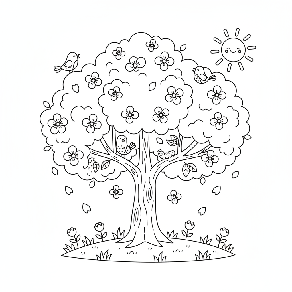 Kirschblütenbaum im Frühling Ausmalbild