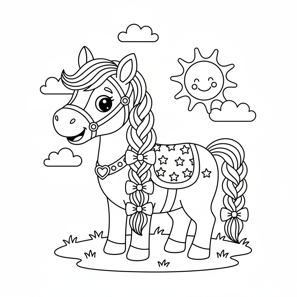 Pferd mit geflochtener Mähne und Schleifen Ausmalbild
