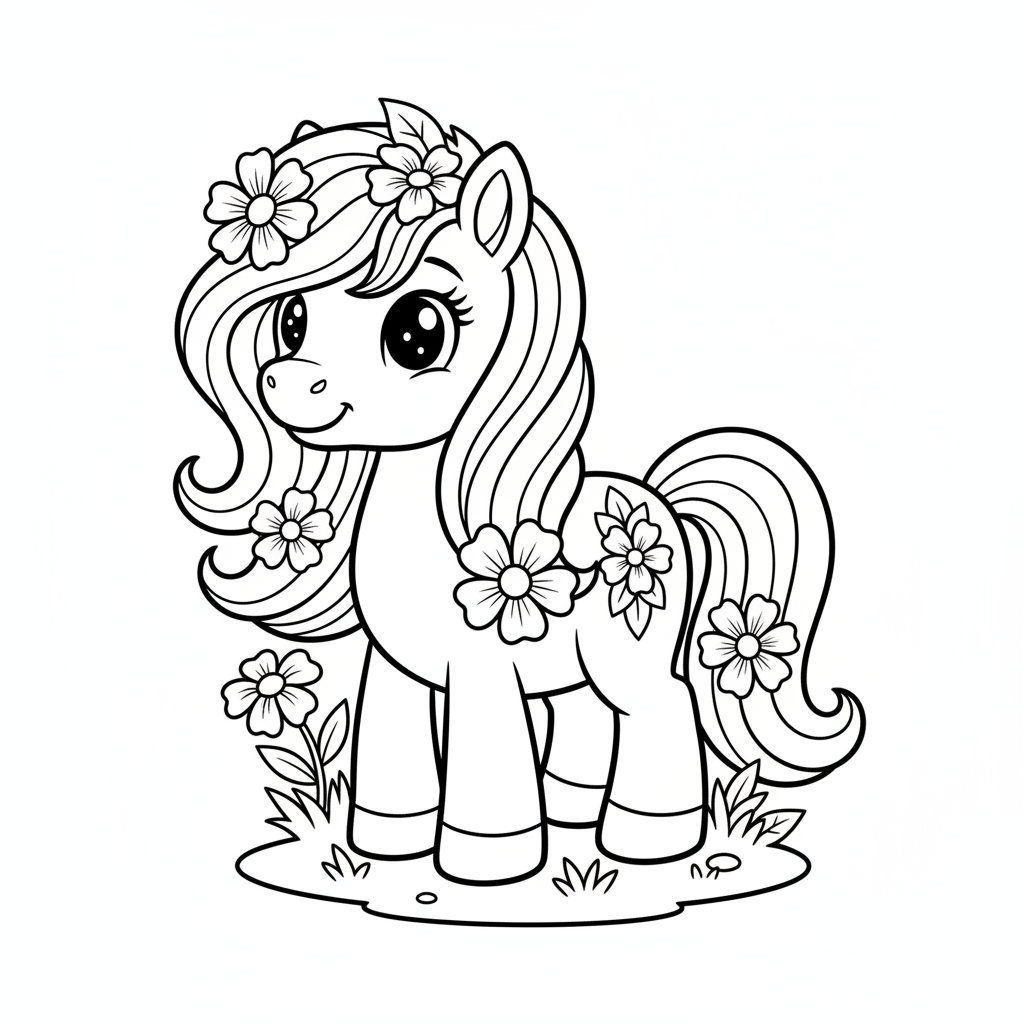Pony mit langer Mähne und Blumen Ausmalbild