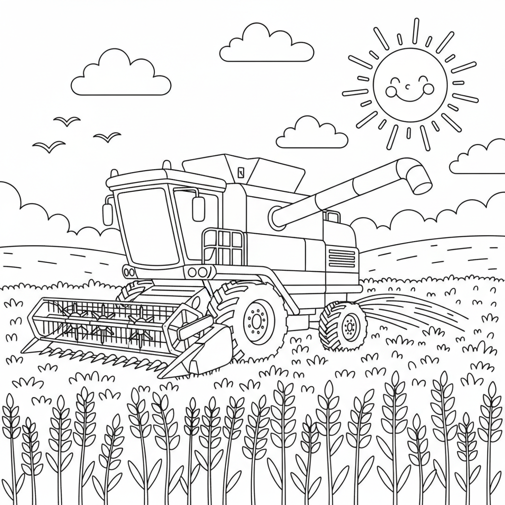 Mähdrescher im Weizenfeld Ausmalbild
