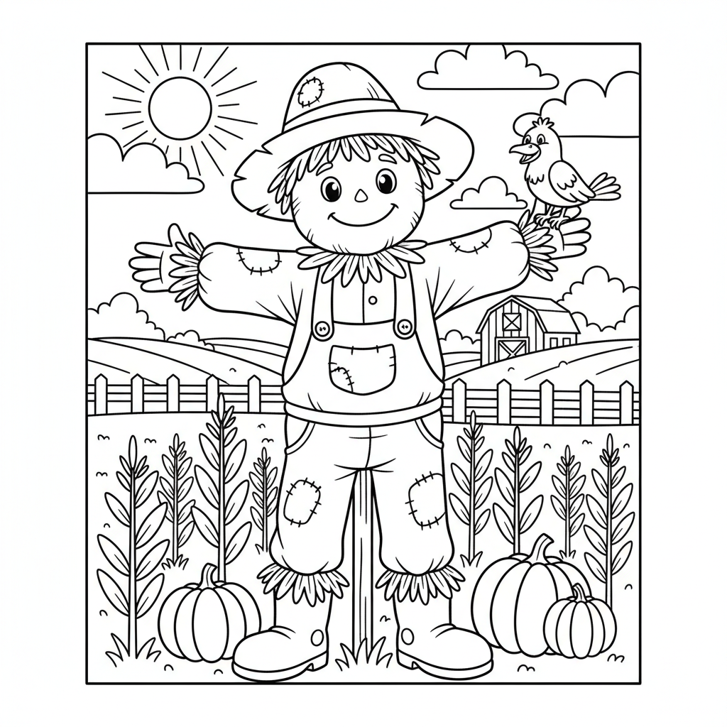 Vogelscheuche im Feld Ausmalbild