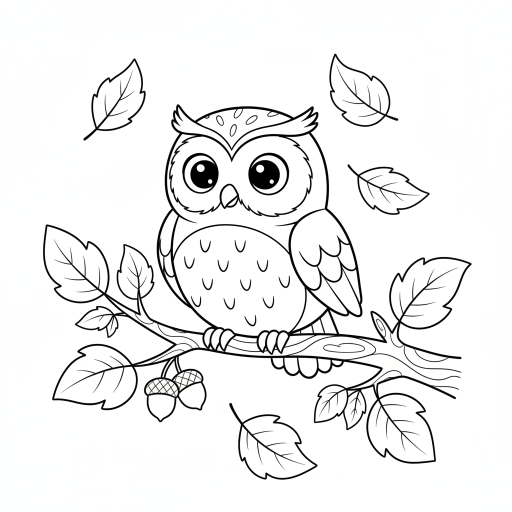 Eule auf Ast im Herbst Ausmalbild