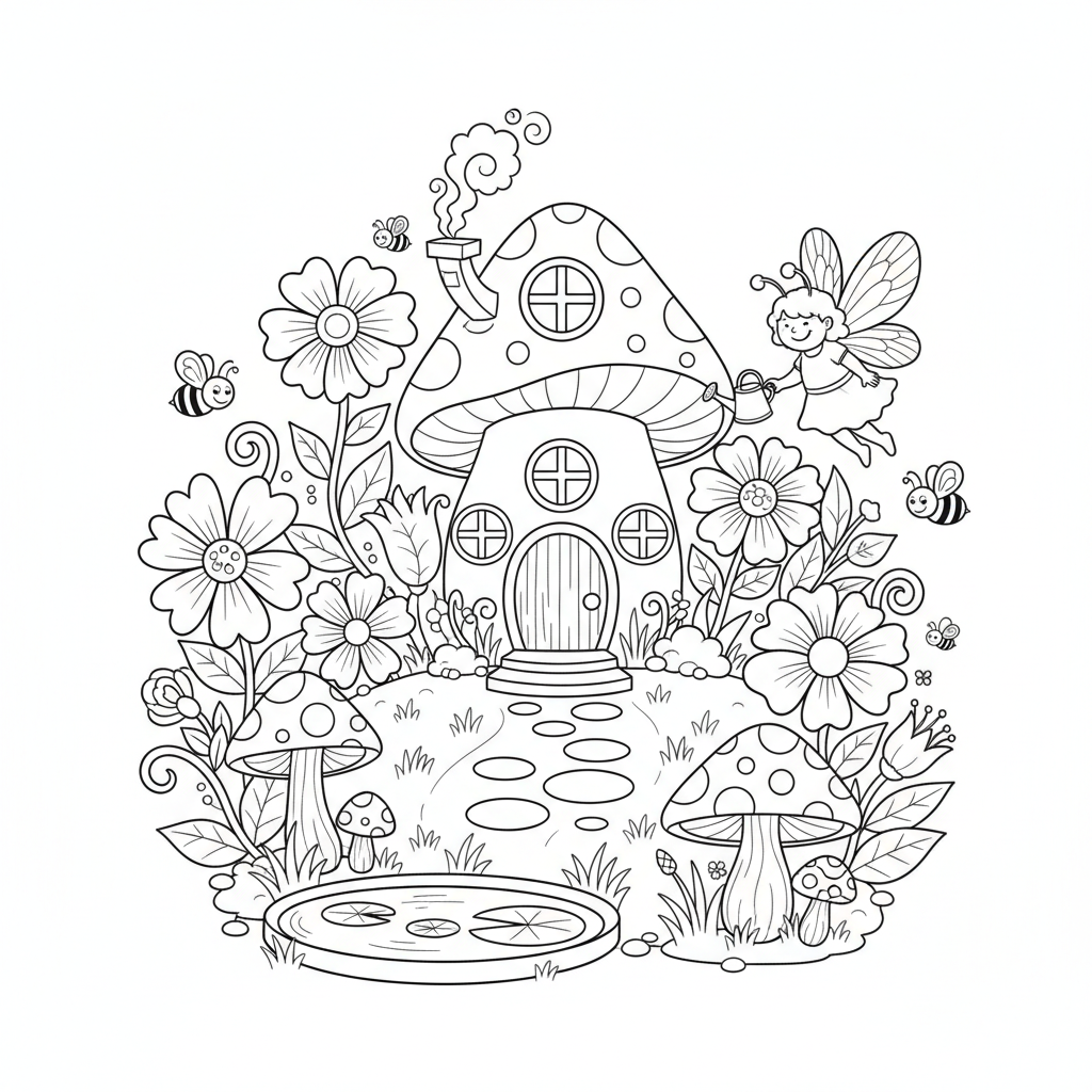 Feengarten mit kleinem Haus Ausmalbild
