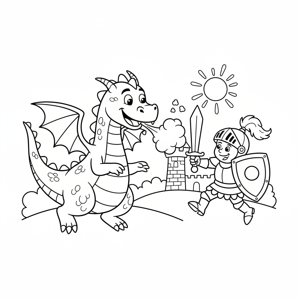 Drache und Ritter Kampf Ausmalbild