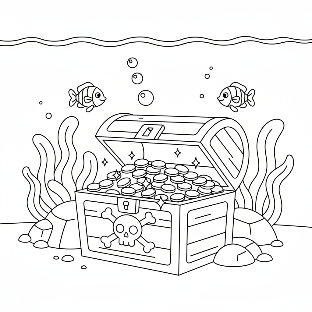 Schatztruhe am Meeresboden Ausmalbild