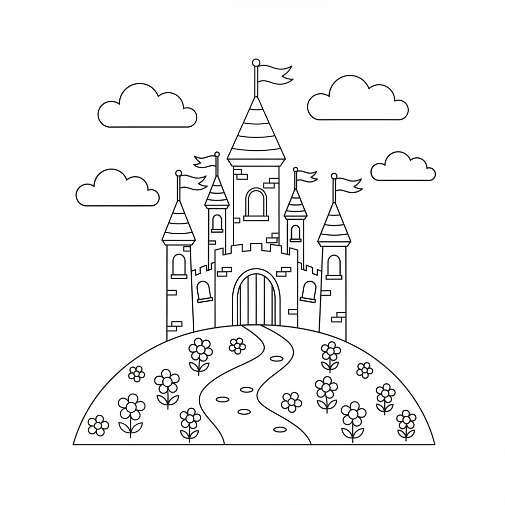 Prinzessinnenschloss auf Hügel Ausmalbild