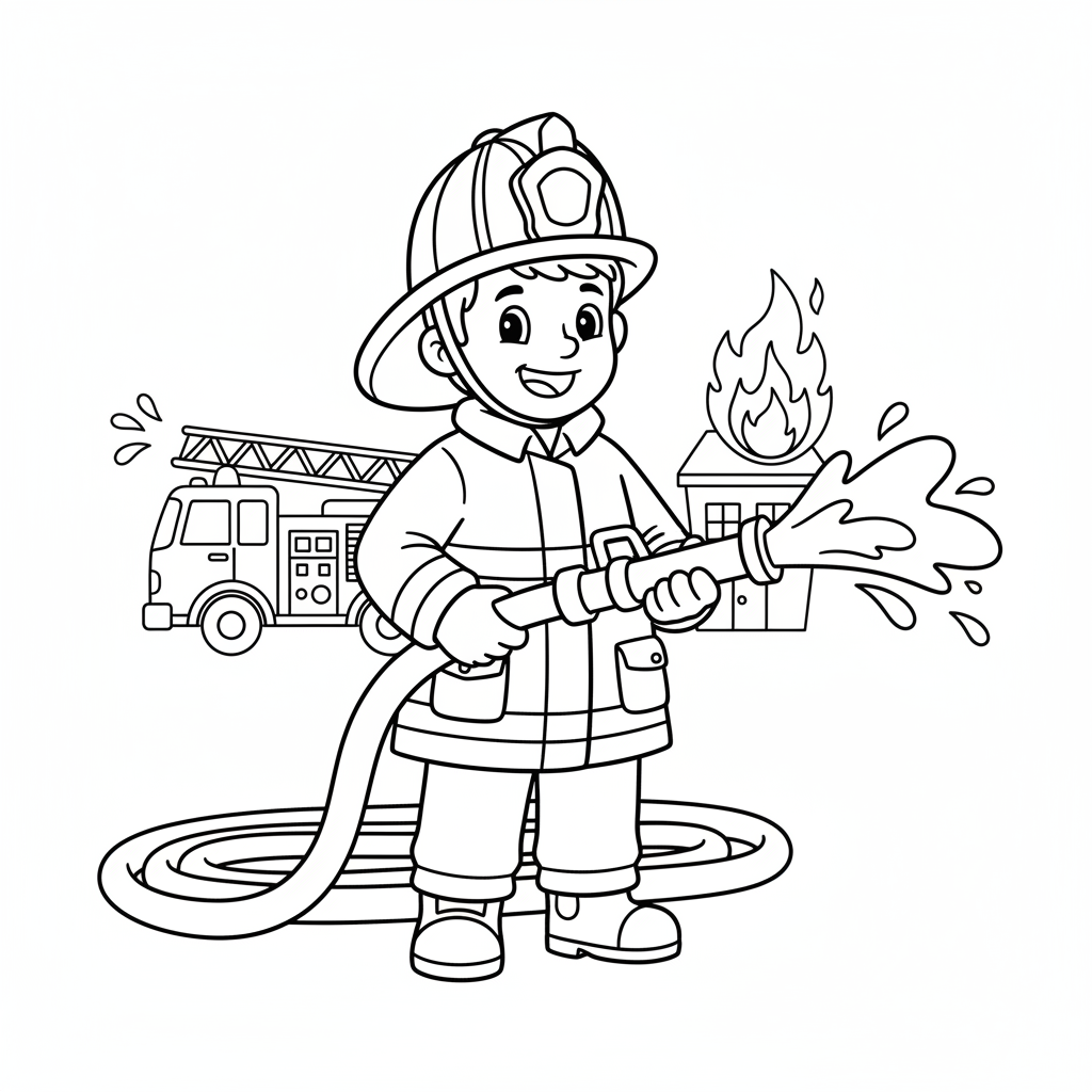 Feuerwehrmann mit Schlauch Ausmalbild