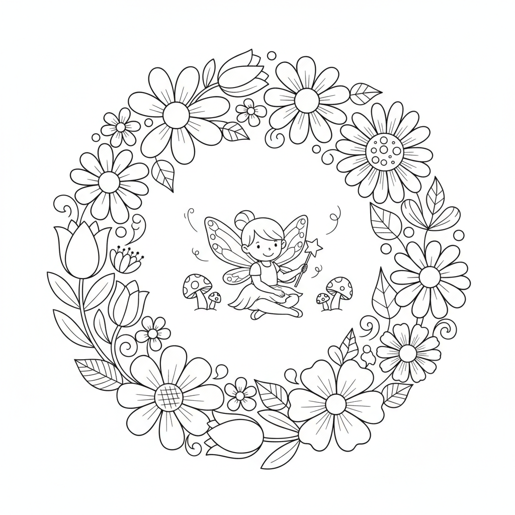 Feenkreis aus Blumen Ausmalbild