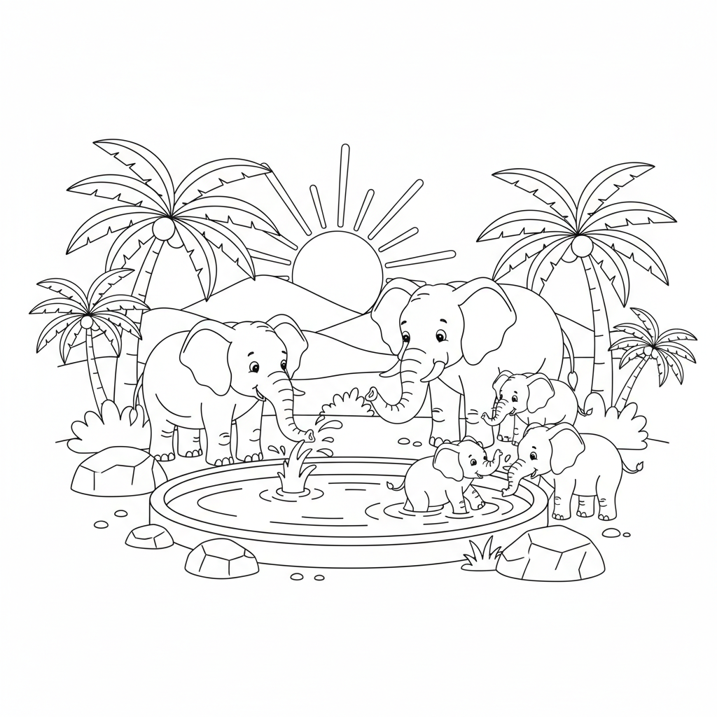 Elefantenherde an der Wasserstelle Ausmalbild