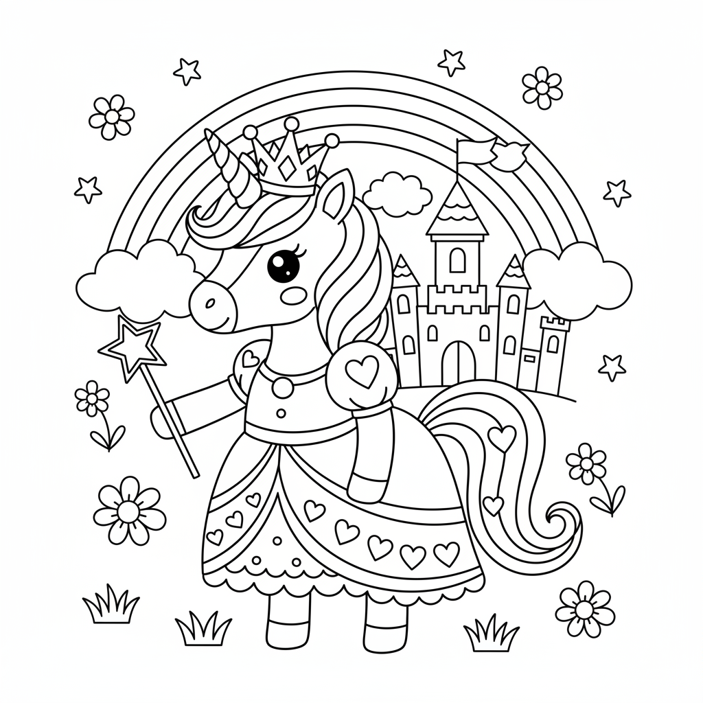 Einhorn Prinzessin mit Krone Ausmalbild