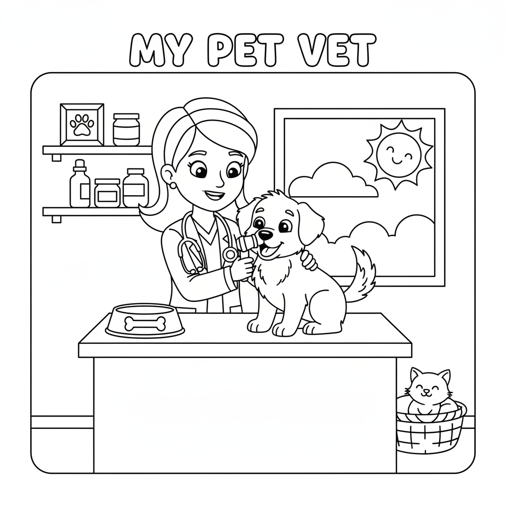 Tierarzt untersucht Hund Ausmalbild