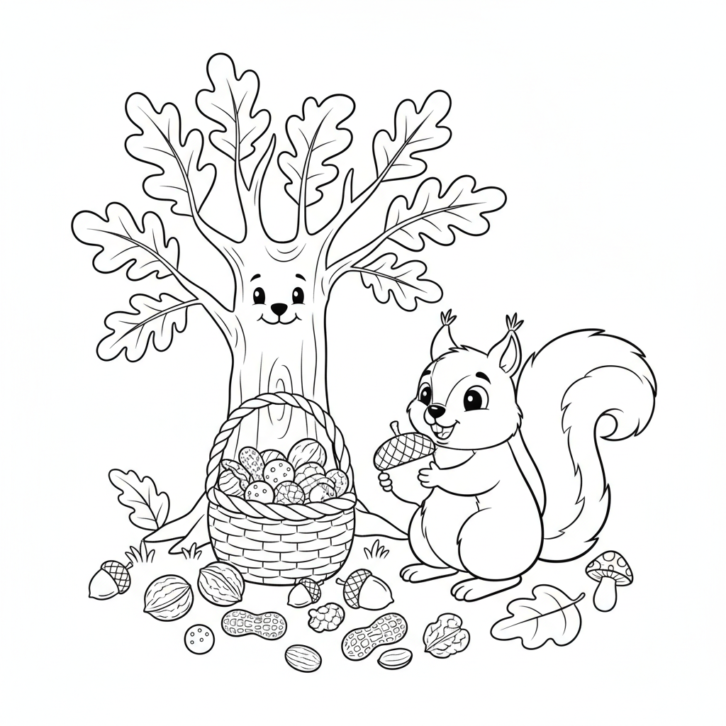 Eichhoernchen sammelt Nuesse Ausmalbild