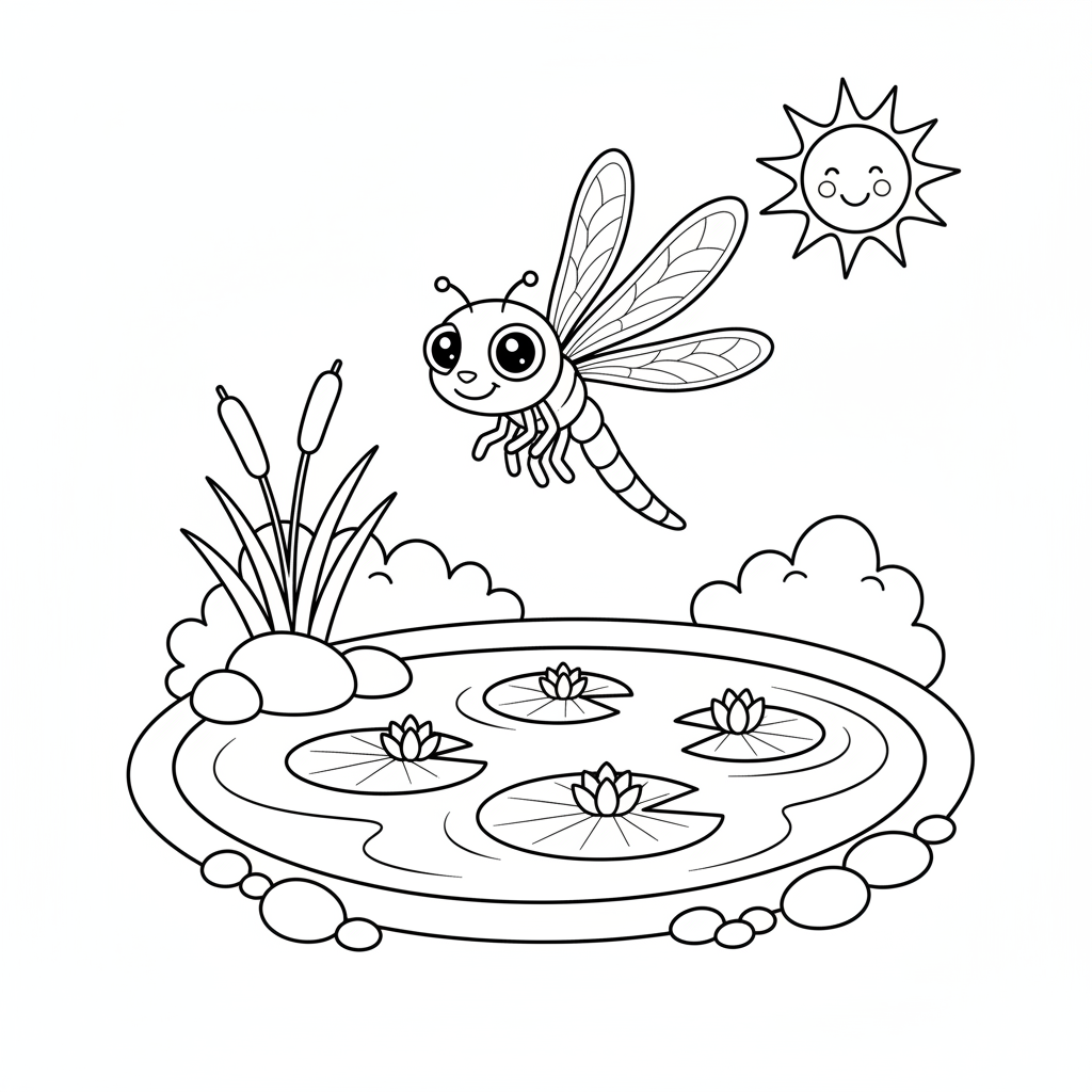 Dragonfly near Pond Coloring Page
