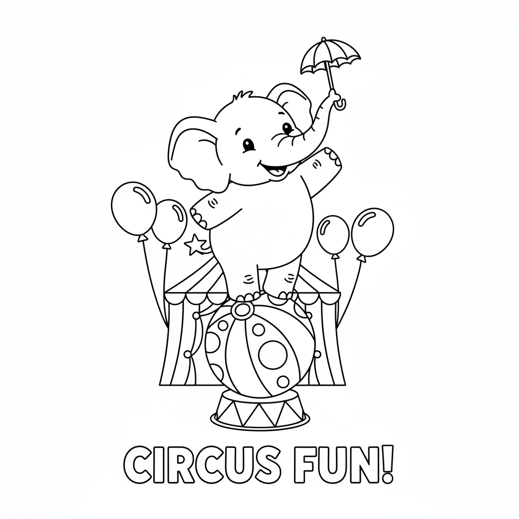 Elefant balanciert auf Ball im Zirkus Ausmalbild