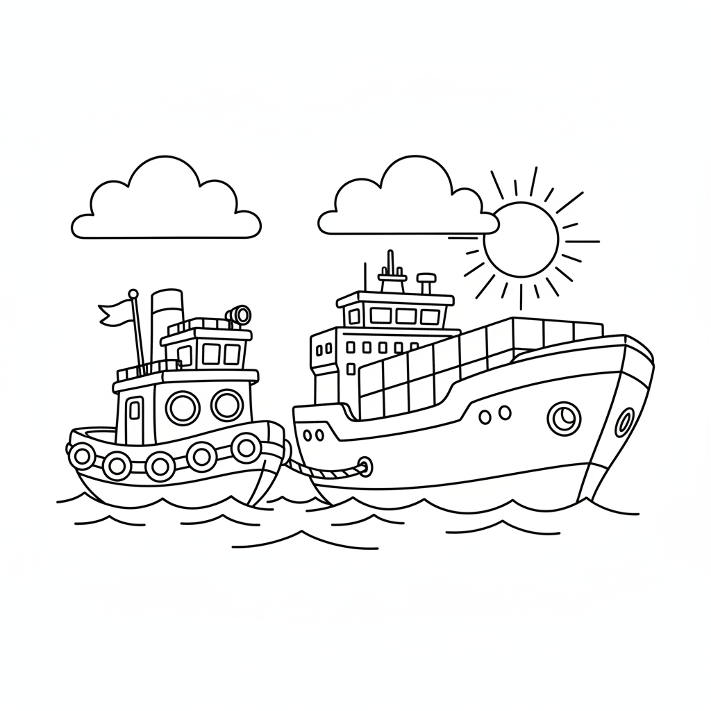 Schlepper zieht Schiff Ausmalbild