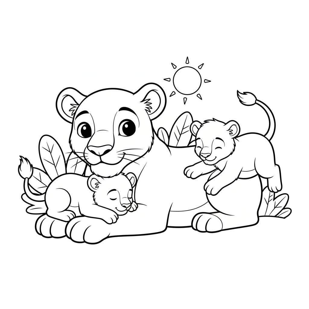 Lioness with Cubs Resting Coloring Page