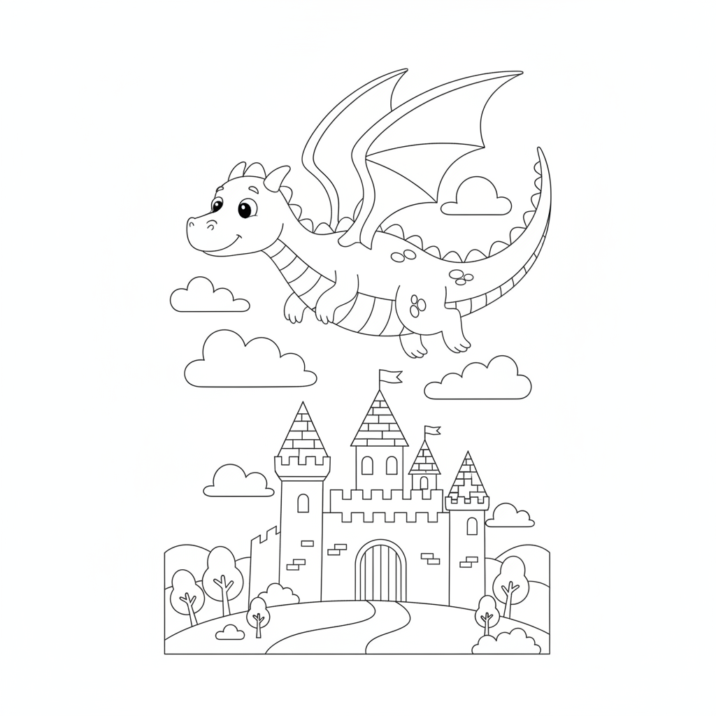 Drache fliegt über Burg Coloring Page