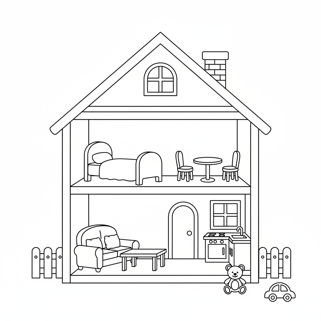 Puppenhaus mit Möbeln Ausmalbild