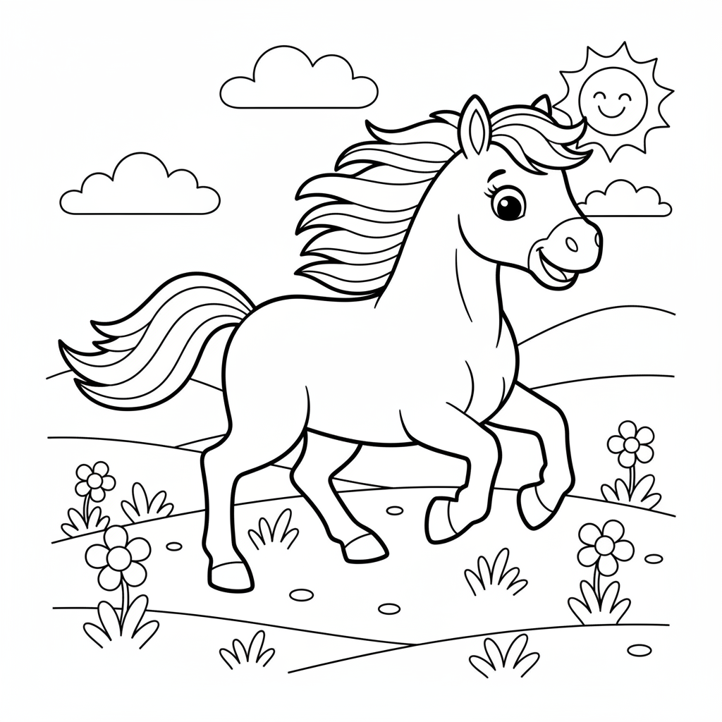 Pferd galoppiert auf der Wiese Ausmalbild