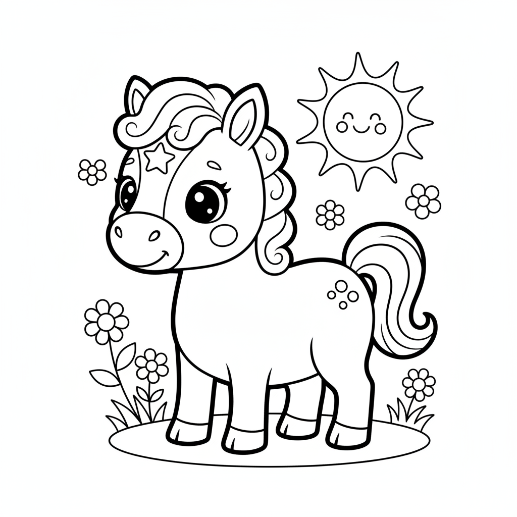 Süßes Cartoon-Pferd mit großen Augen Ausmalbild