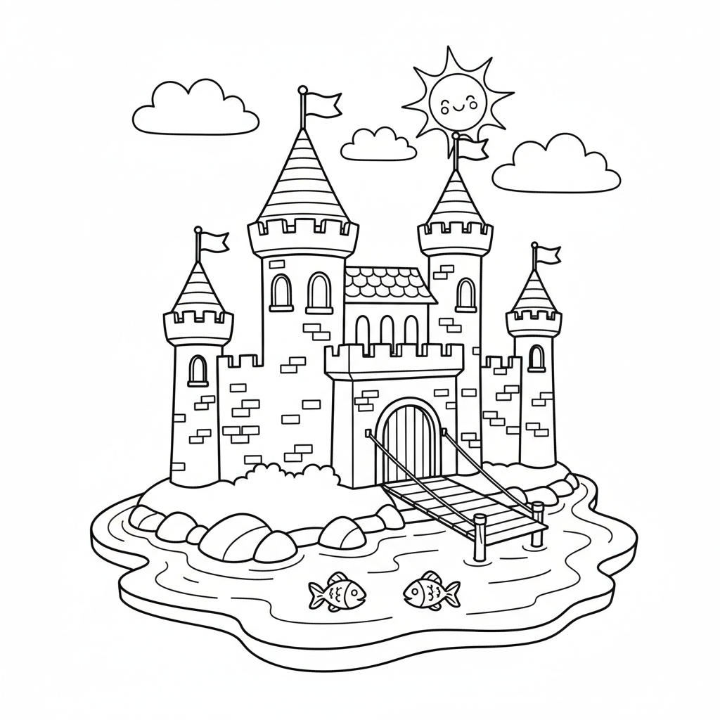 Mittelalterliche Burg mit Wassergraben Ausmalbild