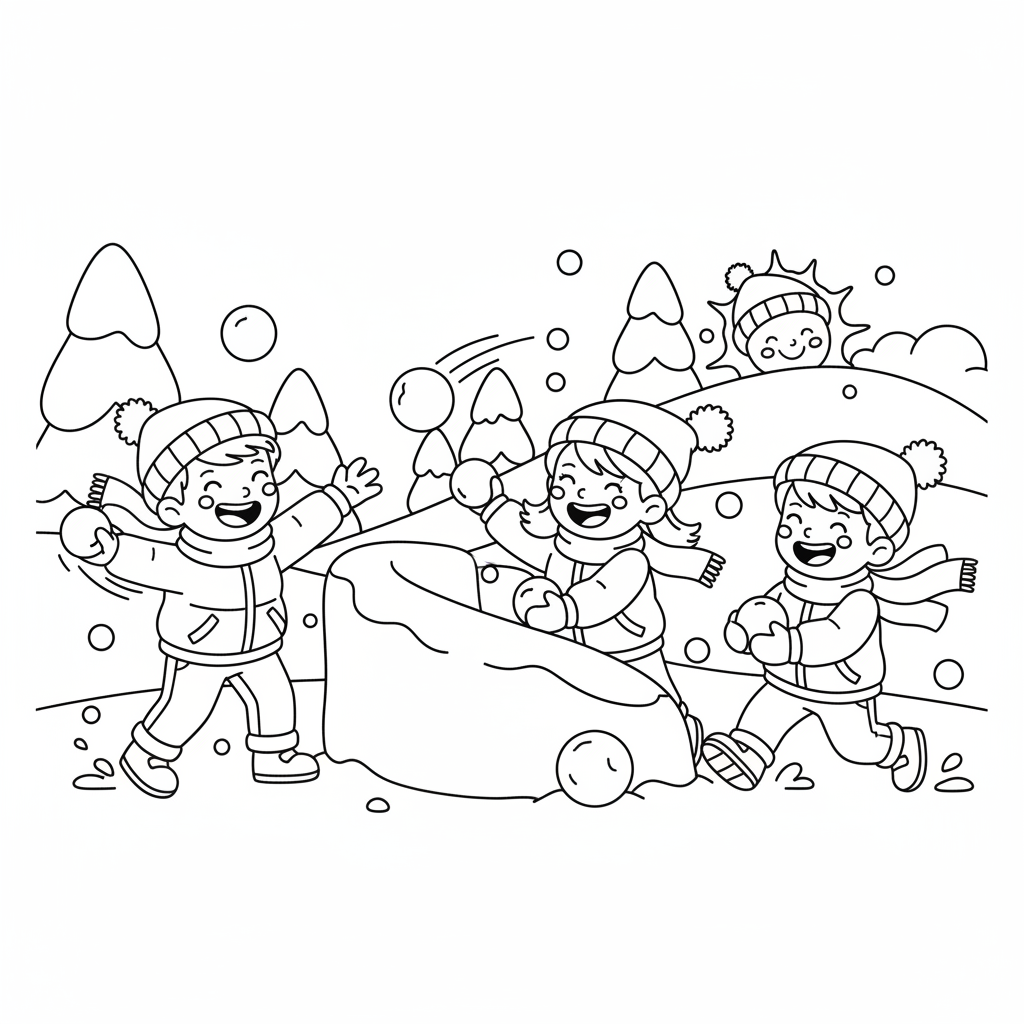 Kinder bei Schneeballschlacht Ausmalbild