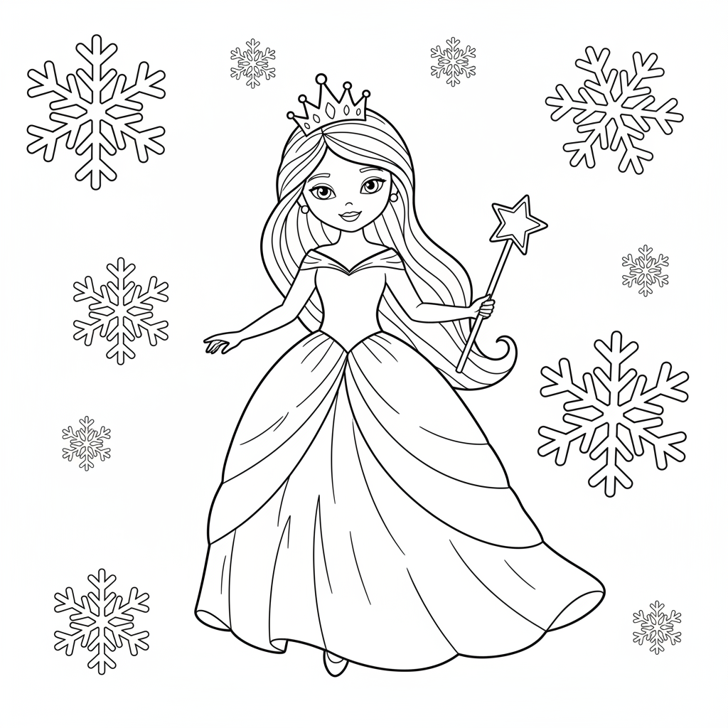 Eisprinzessin mit Schneeflocken Ausmalbild