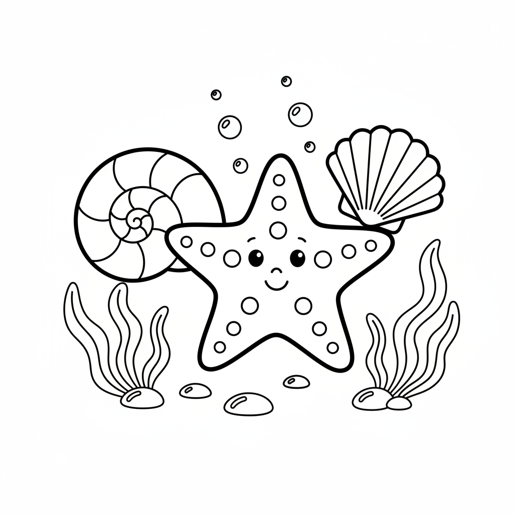 Seestern und Muscheln unter Wasser Ausmalbild